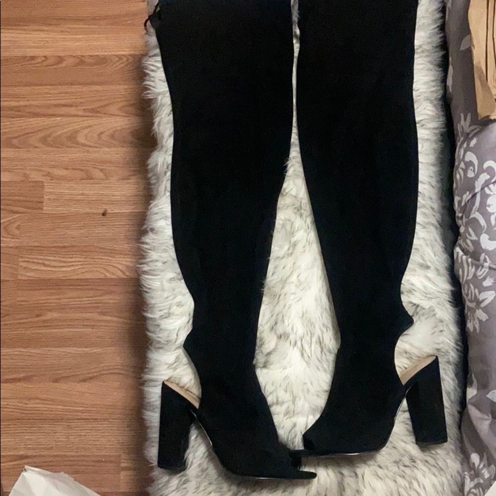 Over the knee heeled open toe boots
